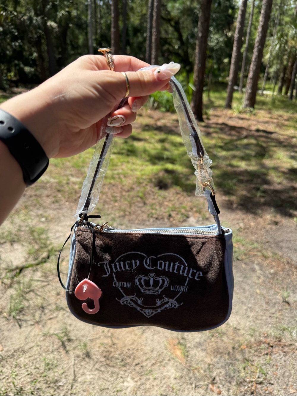 Juicy Couture Brown Mini Logo Shoulder Bag with Pink Charm and Light Blue Trim